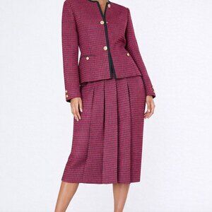 Vintage Planet Wool Pure New Wool Skirt Suit Set Red Black Size 8 UK Made